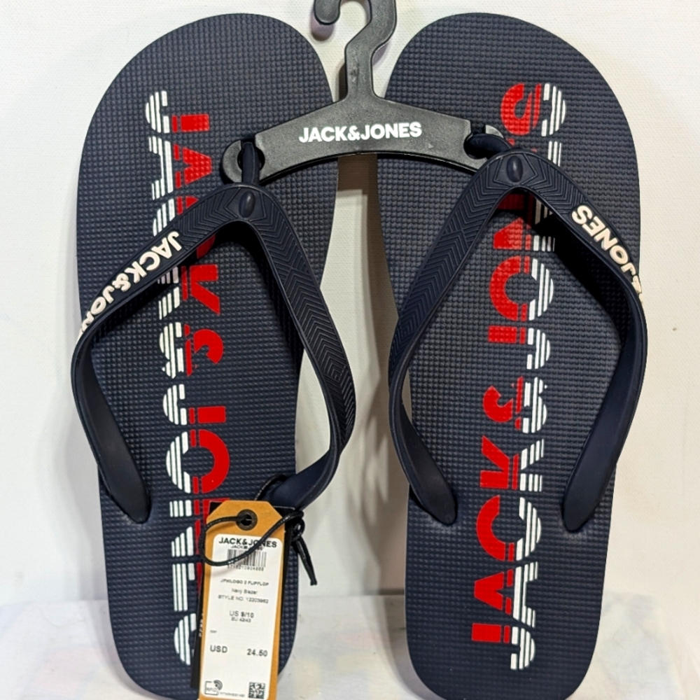 Jack & Jones Mens 9/10 Flip-Flops Blue Red Logo Summer Beach Sandals Thongs